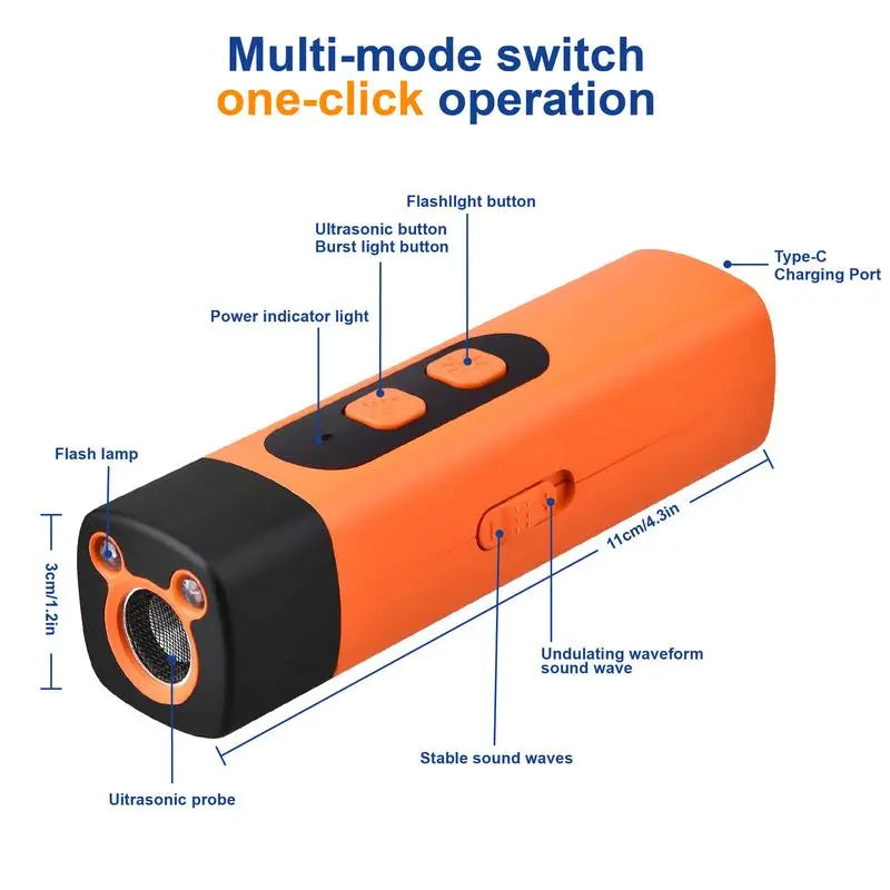 Professional Dog Bark Deterrent Device with LED Flashlight, 30ft Range, Rechargeable & Portable