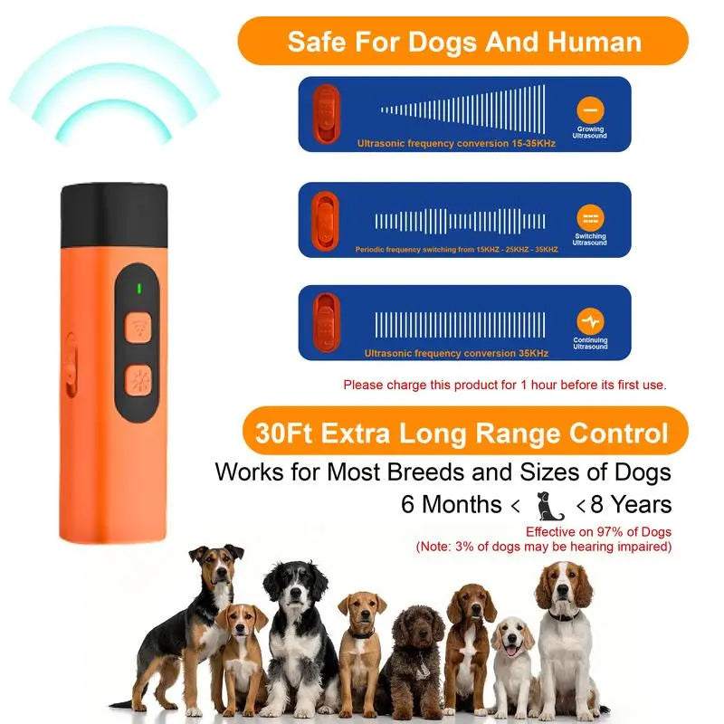 Professional Dog Bark Deterrent Device with LED Flashlight, 30ft Range, Rechargeable & Portable